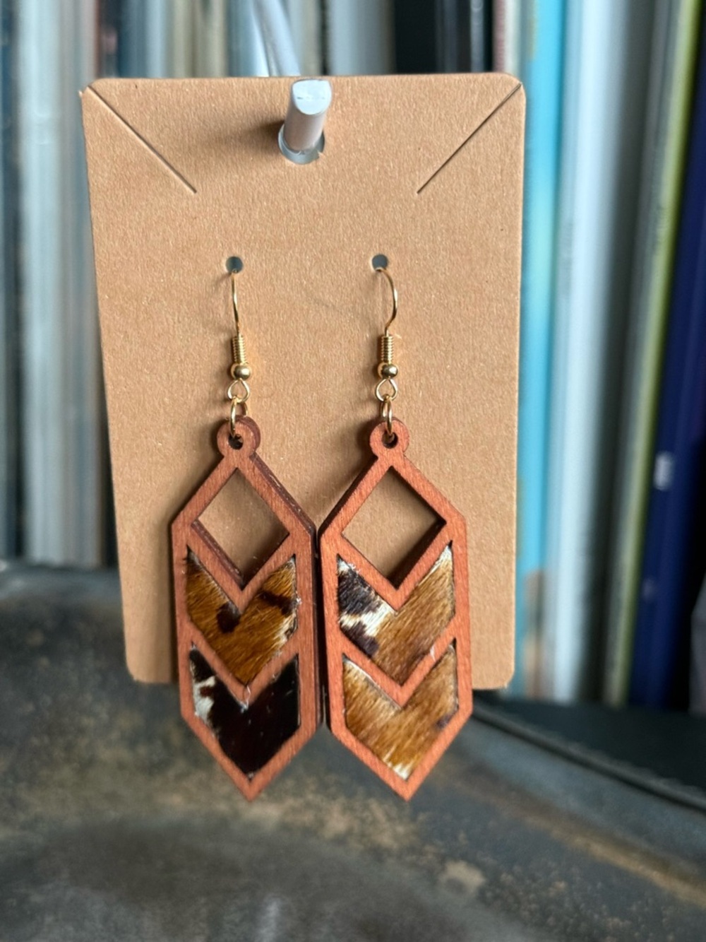 Handcrafted Brown Chevron Wood and Hair-On Hide Dangle Earrings